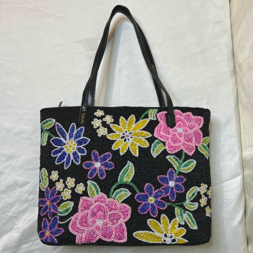 Vintage Floral Print Hand Beaded Embroidery Mini Tote Bag
